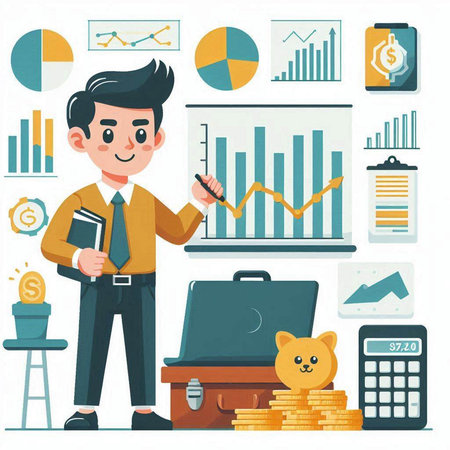 Businessman working with financial charts and graphs. Vector illustration in flat styleのイラスト素材