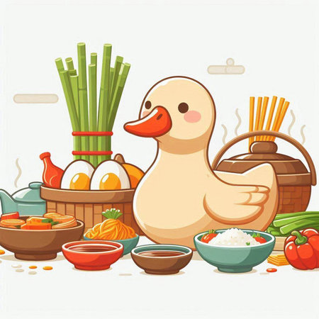 Illustration of a Cute Duck with Vegetables and Herbsのイラスト素材