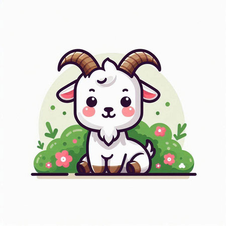 Cute cartoon goat sitting on the grass in the park. Vector illustration.のイラスト素材