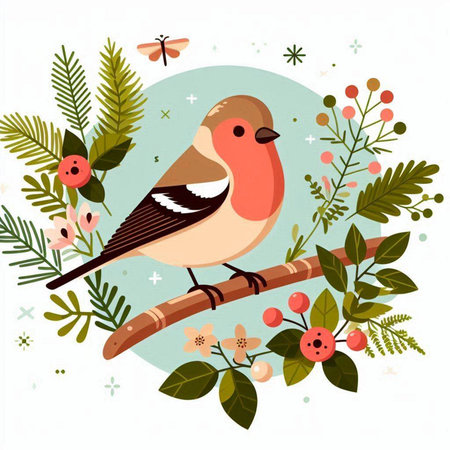 Christmas card with cute bird on a branch with berries. Vector illustration.のイラスト素材