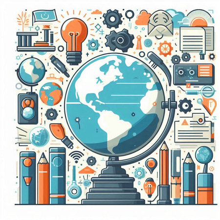 Back to school, education and learning concept. Vector illustration with globe, books, pencils, globe, globe, lamp, graduation cap.のイラスト素材