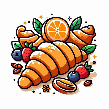 Vector illustration of fresh croissant with berries and fruits, doodle styleのイラスト素材