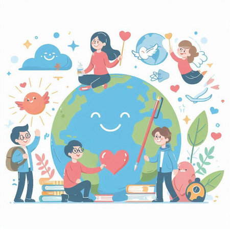 Happy children and teacher with globe. Vector illustration in cartoon style.のイラスト素材