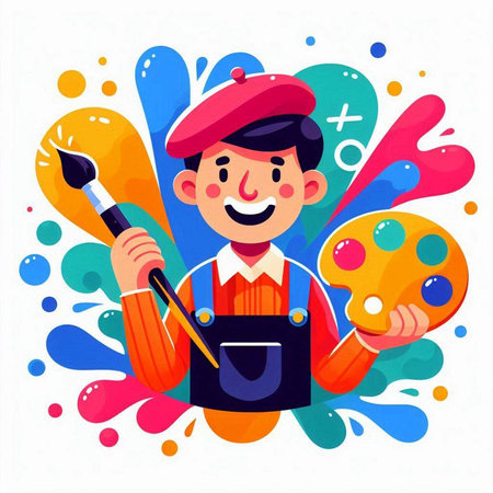 Vector cartoon illustration of a painter with a palette, brush and palette.のイラスト素材
