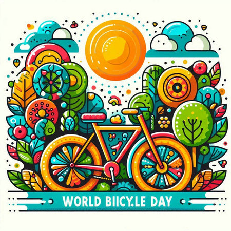 World Bicycle Day hand drawn vector doodle illustration with bicycle and nature elementsのイラスト素材