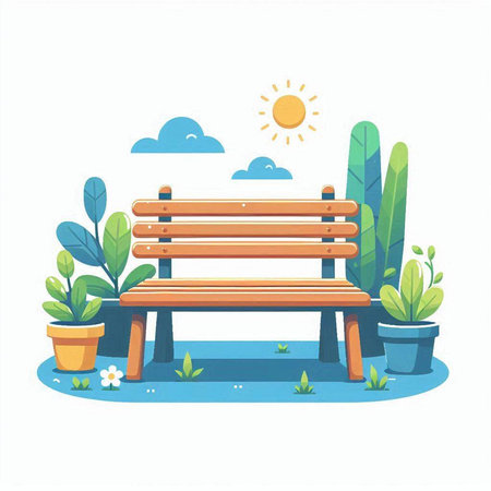 Wooden bench in the park. Vector illustration in flat style.のイラスト素材