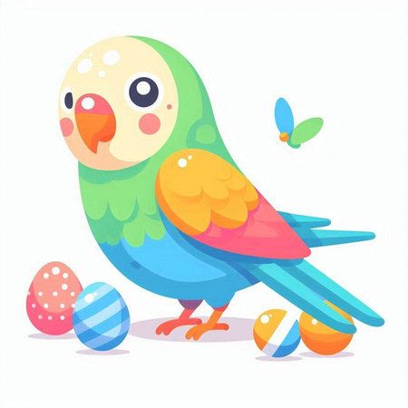 Cute parrot with Easter eggs. Vector illustration in cartoon style.のイラスト素材