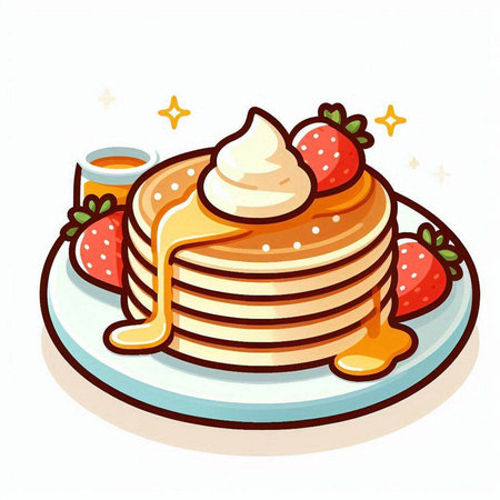 Illustration of a stack of pancakes with syrup and strawberries on a white backgroundのイラスト素材