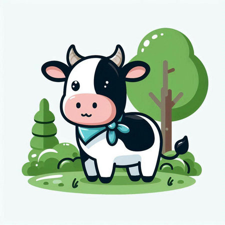 Cute cow with bow tie in the forest. Vector illustration.のイラスト素材