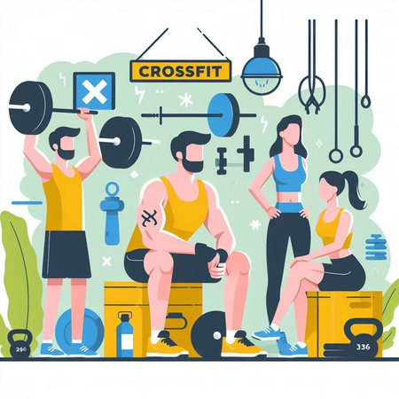 Fitness and workout concept. Flat style vector illustration. Young man and woman in gym.のイラスト素材