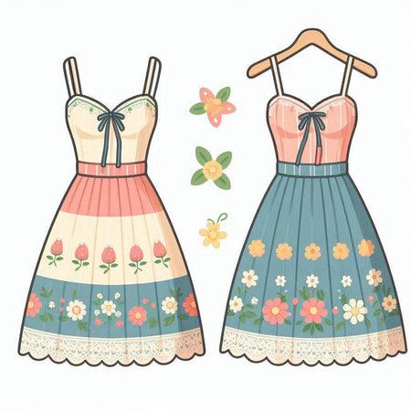 Illustration of two dresses with floral pattern on a white background.のイラスト素材