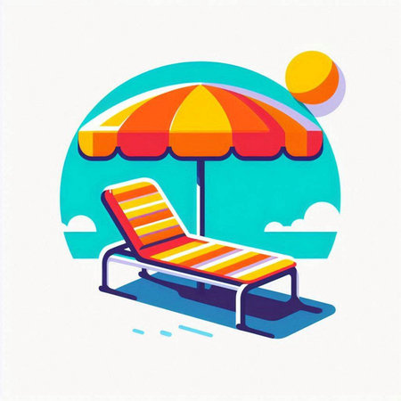 Illustration of a sun lounger on the beach with umbrellaのイラスト素材