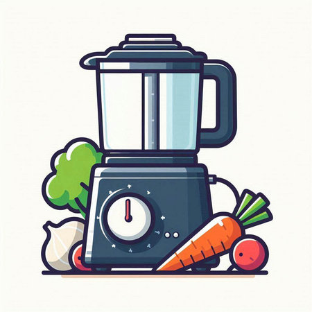 Illustration of a blender with fresh vegetables on a white background.のイラスト素材