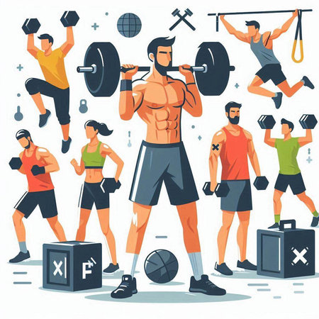 Vector illustration of people doing fitness exercises with dumbbells. Flat cartoon style.のイラスト素材