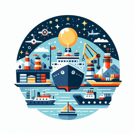 Sea transportation concept. Ship, lighthouse, ship, crane, lighthouse, cruise ship. Vector illustrationのイラスト素材