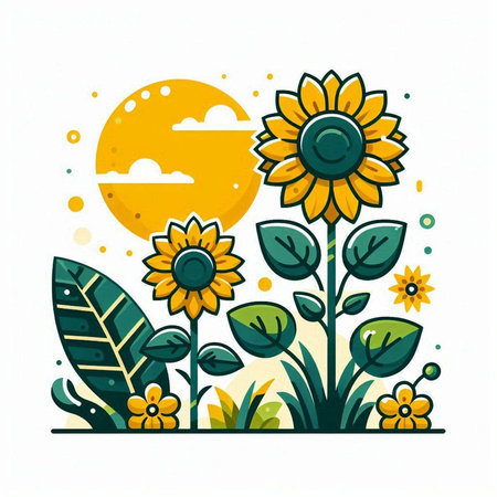 Sunflower and sunflowers. Vector illustration in flat style.のイラスト素材