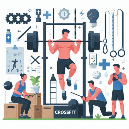 Crossfit training, bodybuilding, healthy lifestyle. Vector illustration in flat styleのイラスト素材