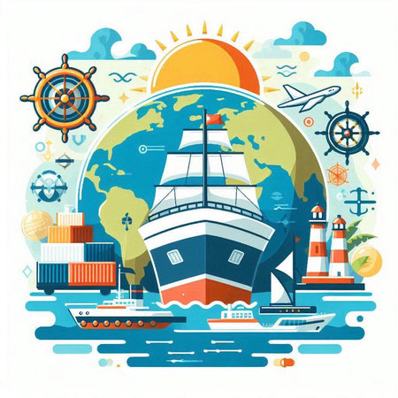Vector illustration of sea transportation. Ship, cruise ship, lighthouse, ship, wheel, ship, ship, ship, container.のイラスト素材