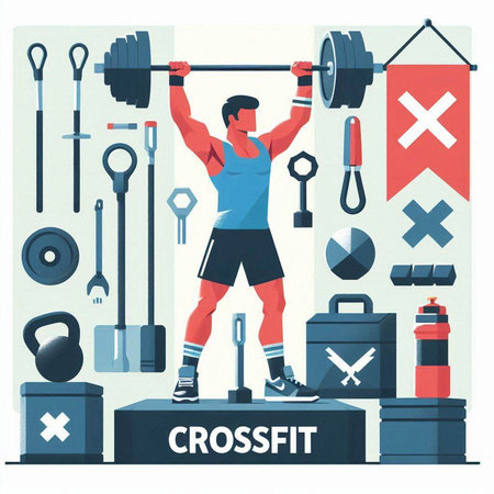 Crossfit gym poster with man lifting barbell and equipment vector illustrationのイラスト素材