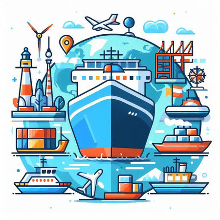 Cargo ship, sea port, seaport, sea liner, container ship, cargo vessel. Vector illustration.のイラスト素材