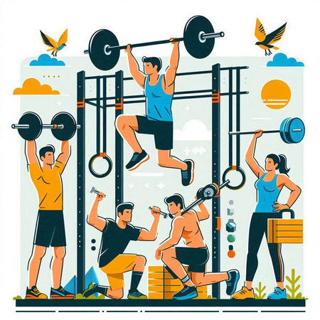 Sporty people with barbells. Vector illustration in flat styleのイラスト素材