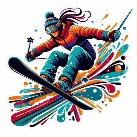 Vector illustration of a snowboarder on a background of colored splashesのイラスト素材