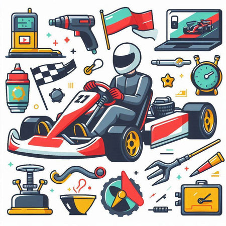Cartoon karting equipment icons set. Isolated vector illustration.のイラスト素材