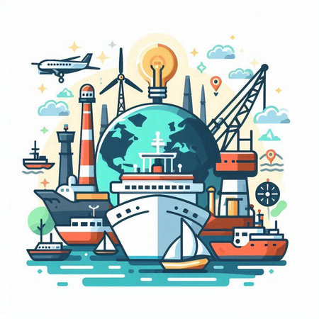 Sea transportation. Vector illustration in flat line style. Cargo ship, lighthouse, ship, ship, boat, lighthouse, lighthouse.のイラスト素材