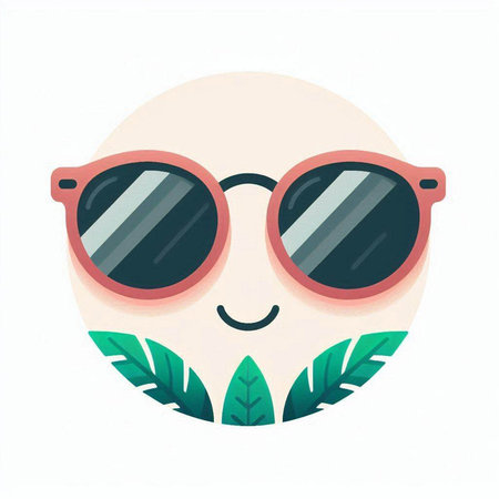 Cute cartoon face with sunglasses and tropical leaves. Vector illustration.のイラスト素材