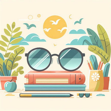 Flat design vector illustration of glasses, books, pencils, and other objects.のイラスト素材