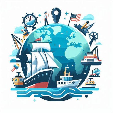 Vector illustration of a ship sailing around the world. Elements for designのイラスト素材