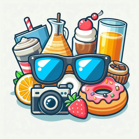 Vector illustration of a set of summer objects. Sunglasses, donut, cocktail, ice cream, camera.のイラスト素材