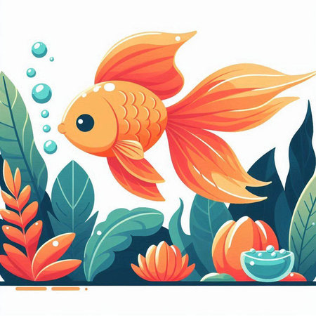 Vector illustration of a goldfish swimming in the sea. Flat style.のイラスト素材