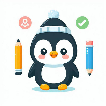 Cute penguin with pencils. Funny cartoon character. Vector illustration.のイラスト素材