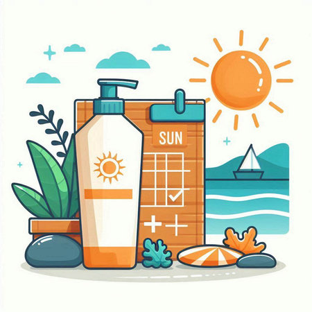 Sunscreen in a bottle and a calendar on the beach. Vector illustrationのイラスト素材