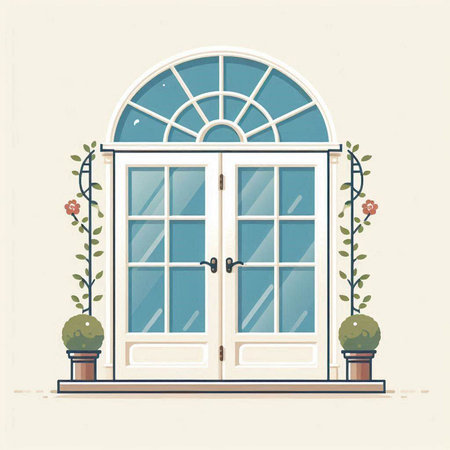 Vector illustration of a door in flat style with flowers and plants.のイラスト素材