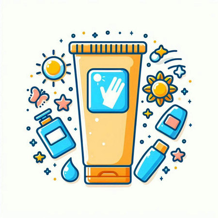 Vector illustration of Sunscreen bottle with hand sanitizer and sunflower.のイラスト素材