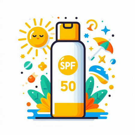 Sunscreen bottle. Sun protection. Flat design. Vector illustration.のイラスト素材