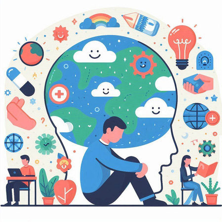 Vector illustration in flat linear style. A man sits on the floor and looks at the globe.のイラスト素材
