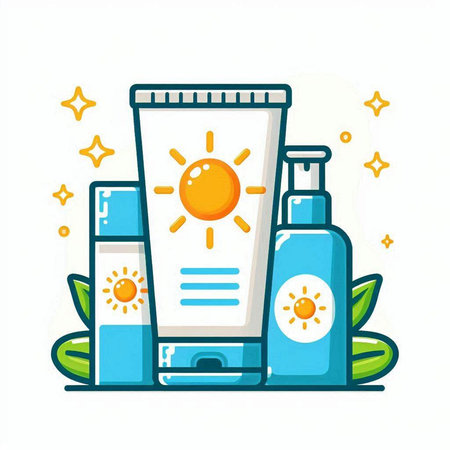 Sunscreen and sunblock bottle. Vector illustration. Sun protection.のイラスト素材