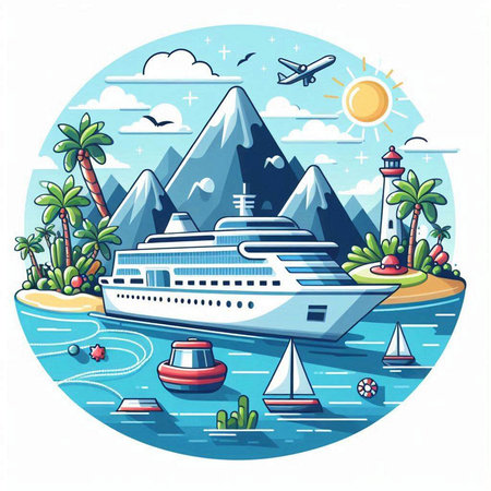 Cruise ship in the sea. Vector illustration in cartoon style.のイラスト素材