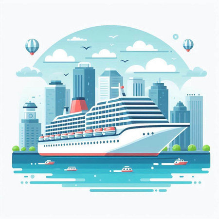 Cruise ship in the city. Vector illustration. Flat style.のイラスト素材