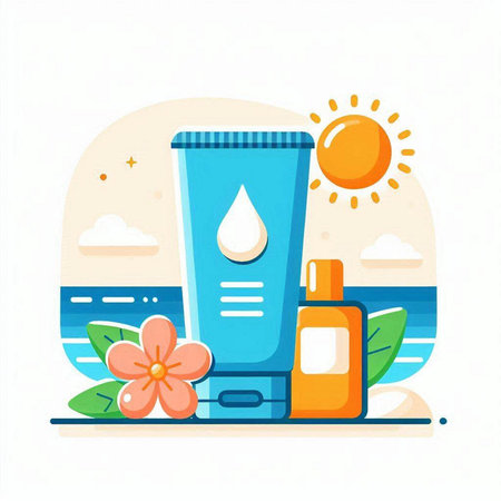 Sunscreen, sunblock, lotion and flowers flat vector illustrationのイラスト素材