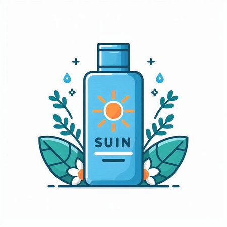 Sunscreen in a bottle with a label. Vector illustration in flat style.のイラスト素材