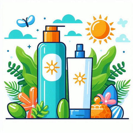 Set of sunblock and lotion bottles, vector illustration in flat styleのイラスト素材
