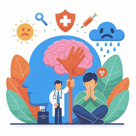 Flat design vector illustration concept of mental health, brain disease, treatment and therapy.のイラスト素材