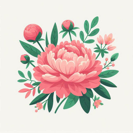 Hand drawn vector illustration of a pink chrysanthemum with green leaves.のイラスト素材