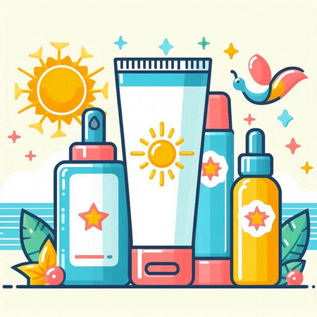 Sunscreen bottles. Vector illustration in flat style. Sun protection.のイラスト素材