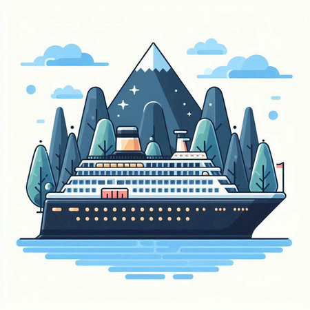 Cruise ship in the mountains. Vector illustration of a flat design.のイラスト素材