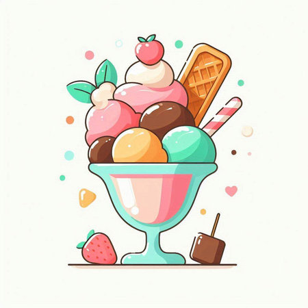 Ice cream sundae in a glass bowl. Colorful vector illustration.のイラスト素材